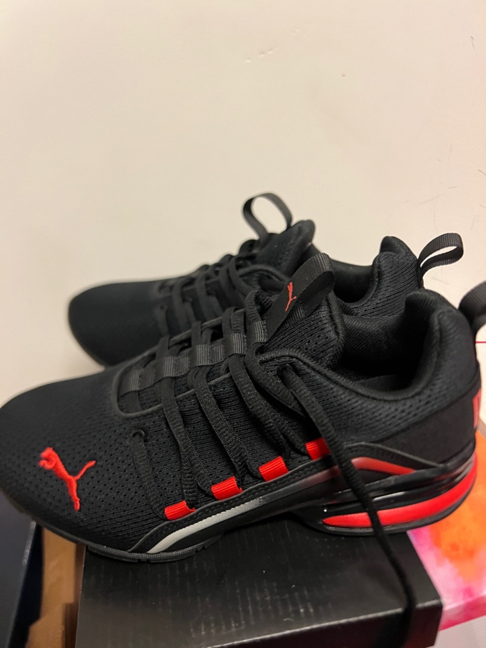 Boys Puma Black Sneakers with Red Accents Size 4